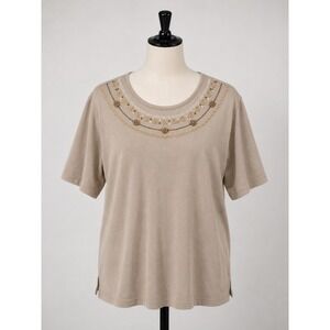 BonWorth Tan‎ Embroidered Floral Beaded Neckline Short Sleeve Knit Top XL
